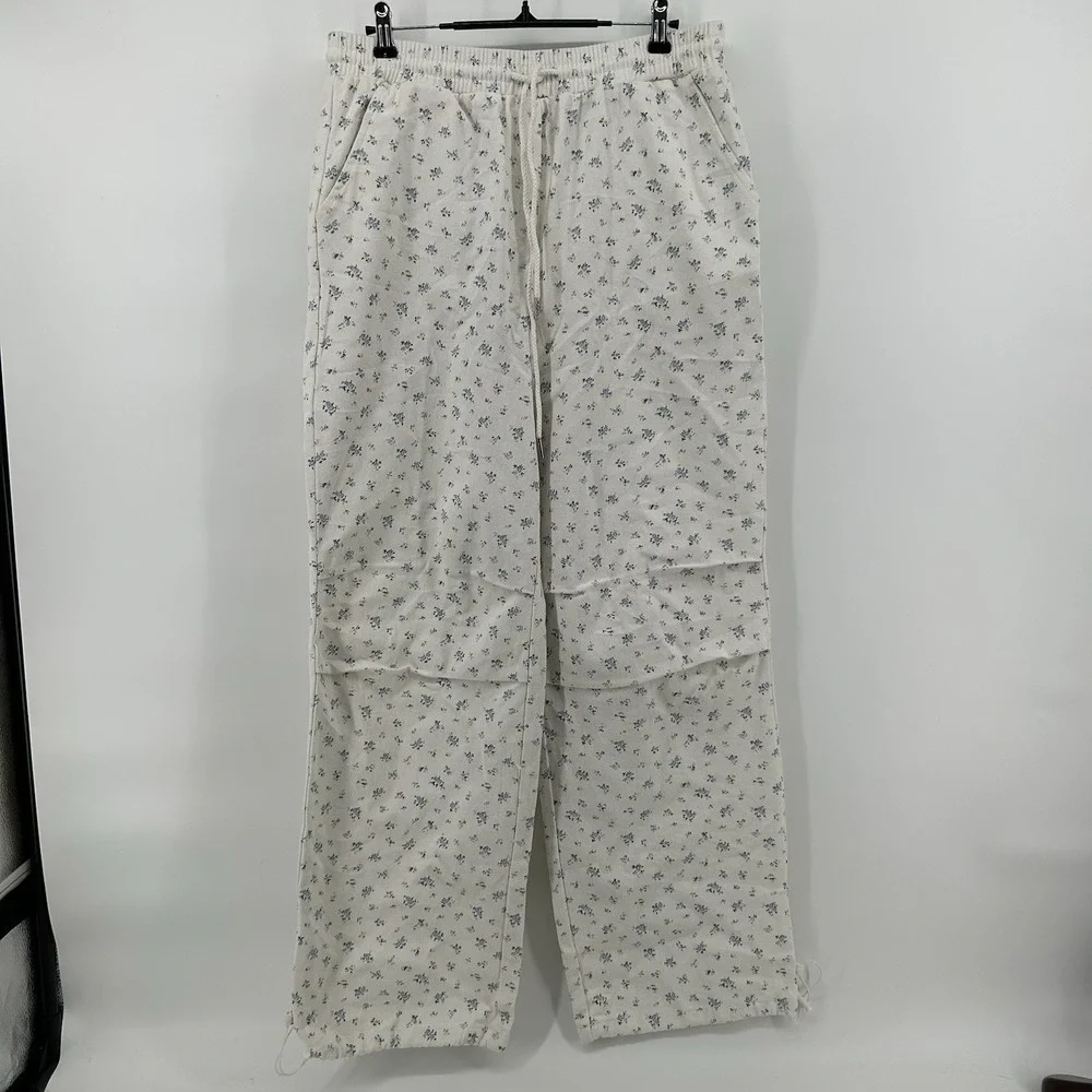 Loveriche New In Women M Floral Parachute Pants Wide Leg Drawstring Hem Boho NWT